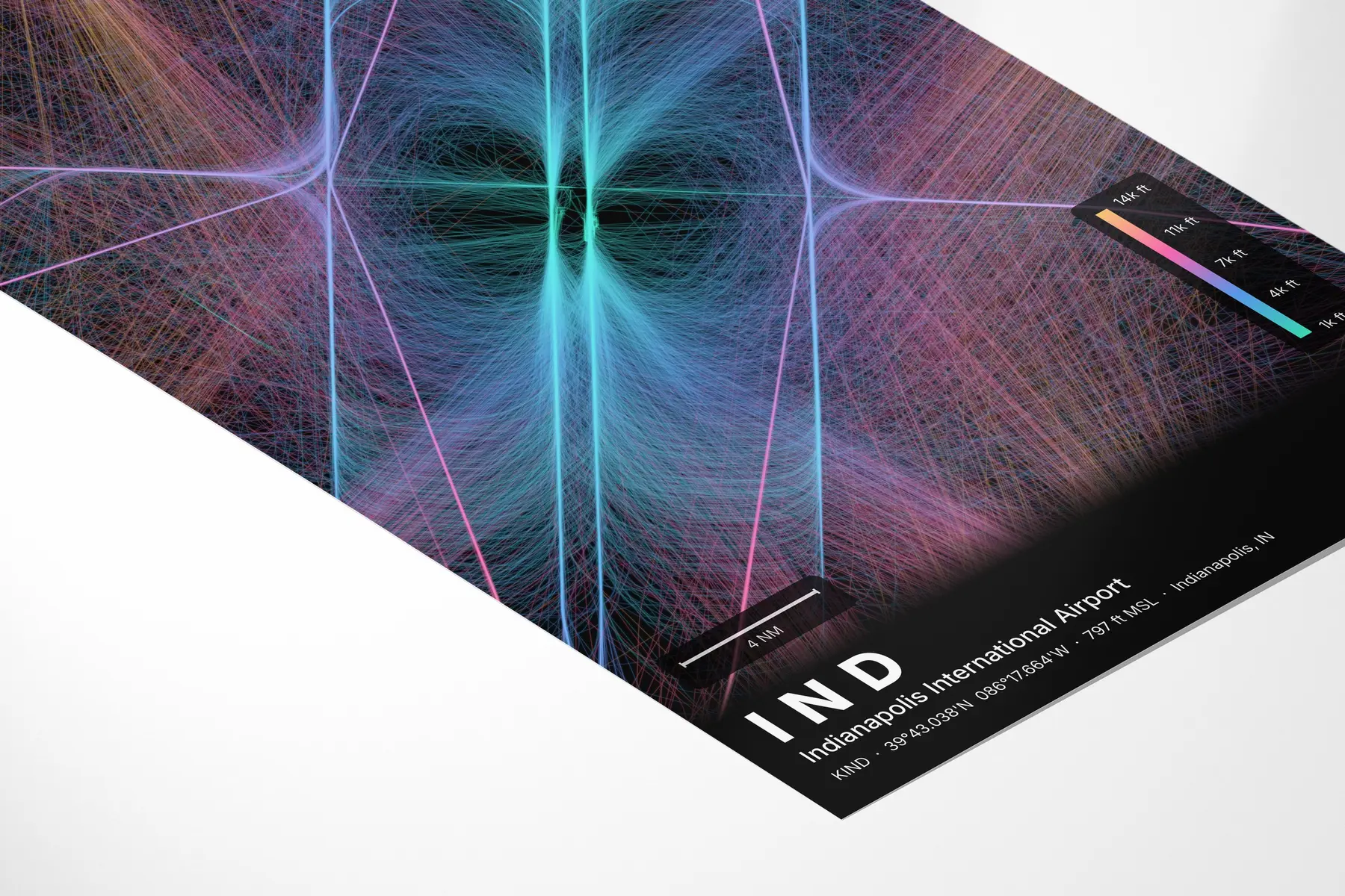 IND flight path print — Aurora theme · Dark in corner-detail setting