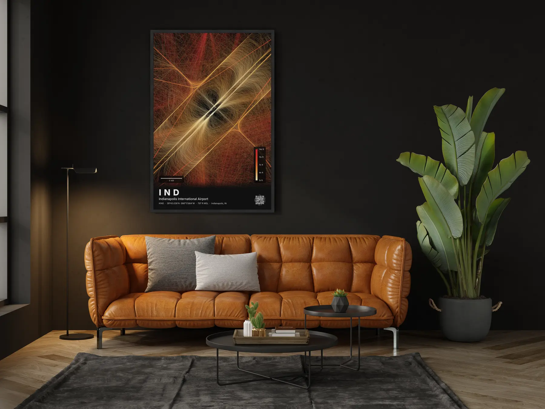 The IND flight path map on a wall in a living room