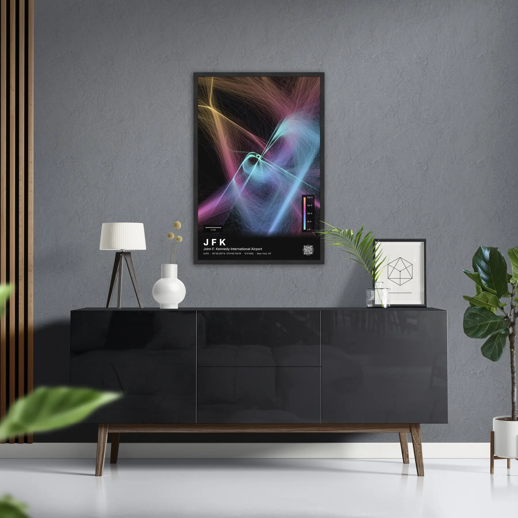 JFK flight path map — Aurora theme · Dark in foyer setting
