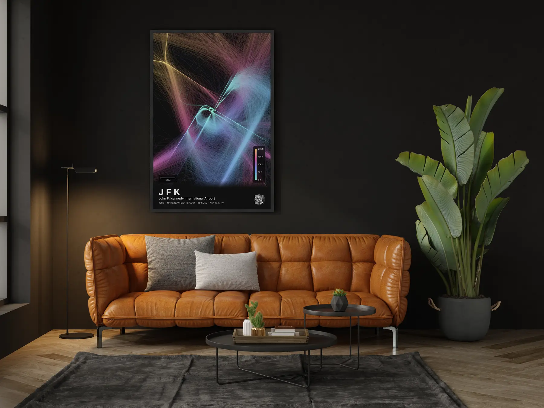 JFK flight path map — Aurora theme · Dark in living-room setting
