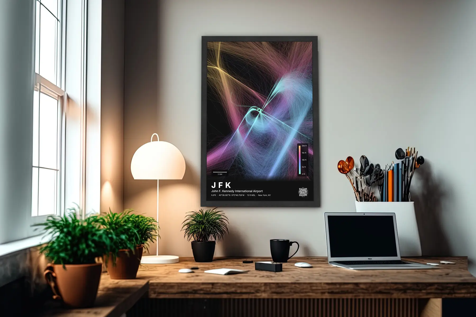JFK flight path map — Aurora theme · Dark in office setting