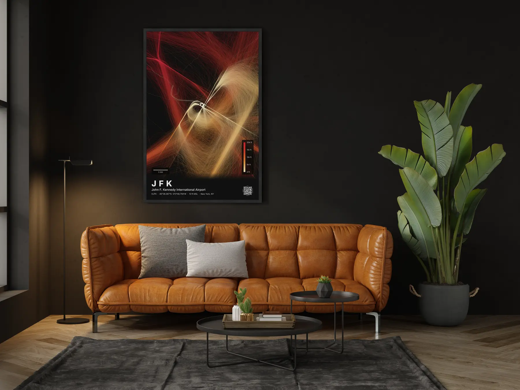 The JFK flight path map on a wall in a living room