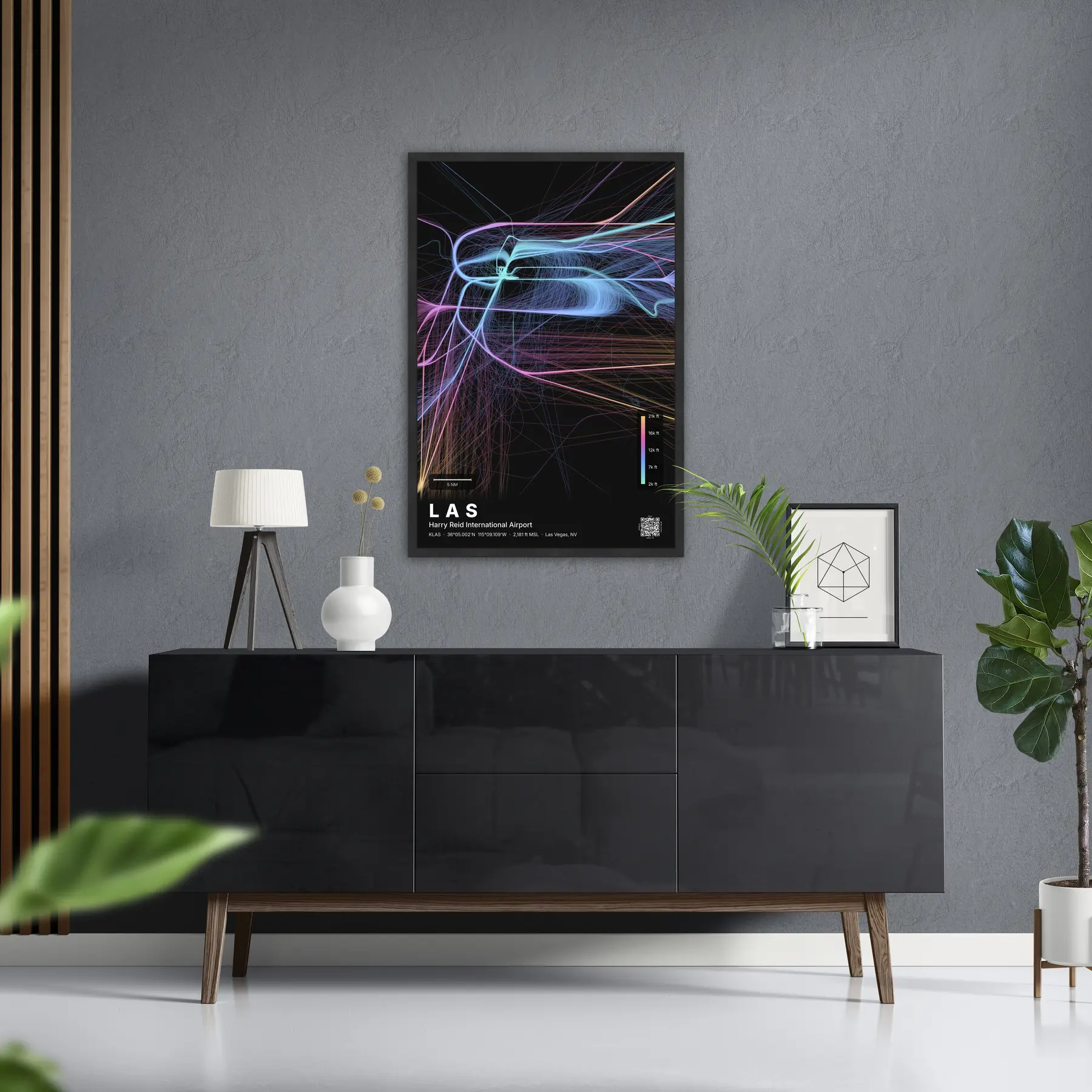 LAS flight path print — Aurora theme · Dark in foyer setting