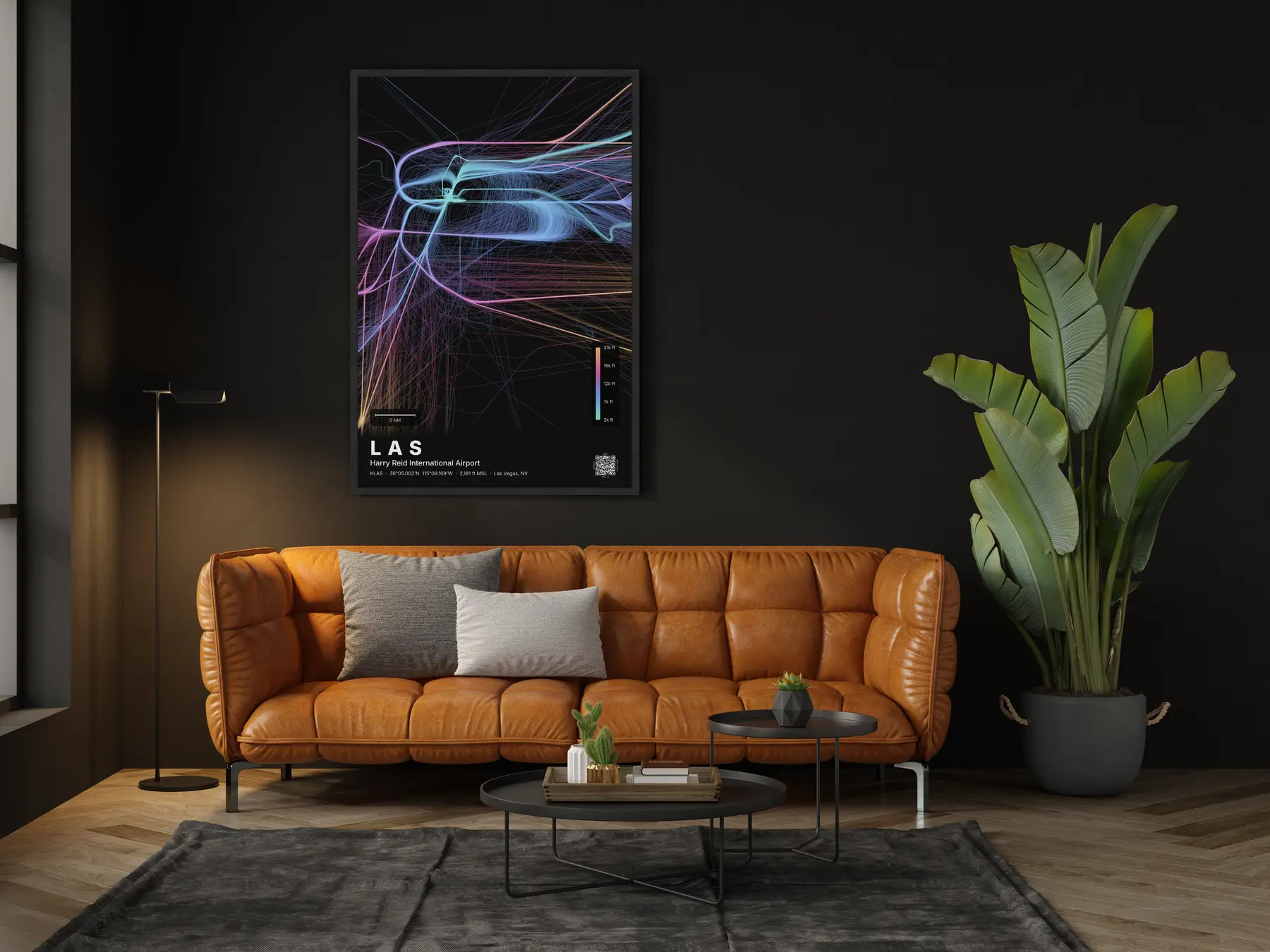 LAS flight path print — Aurora theme · Dark in living-room setting