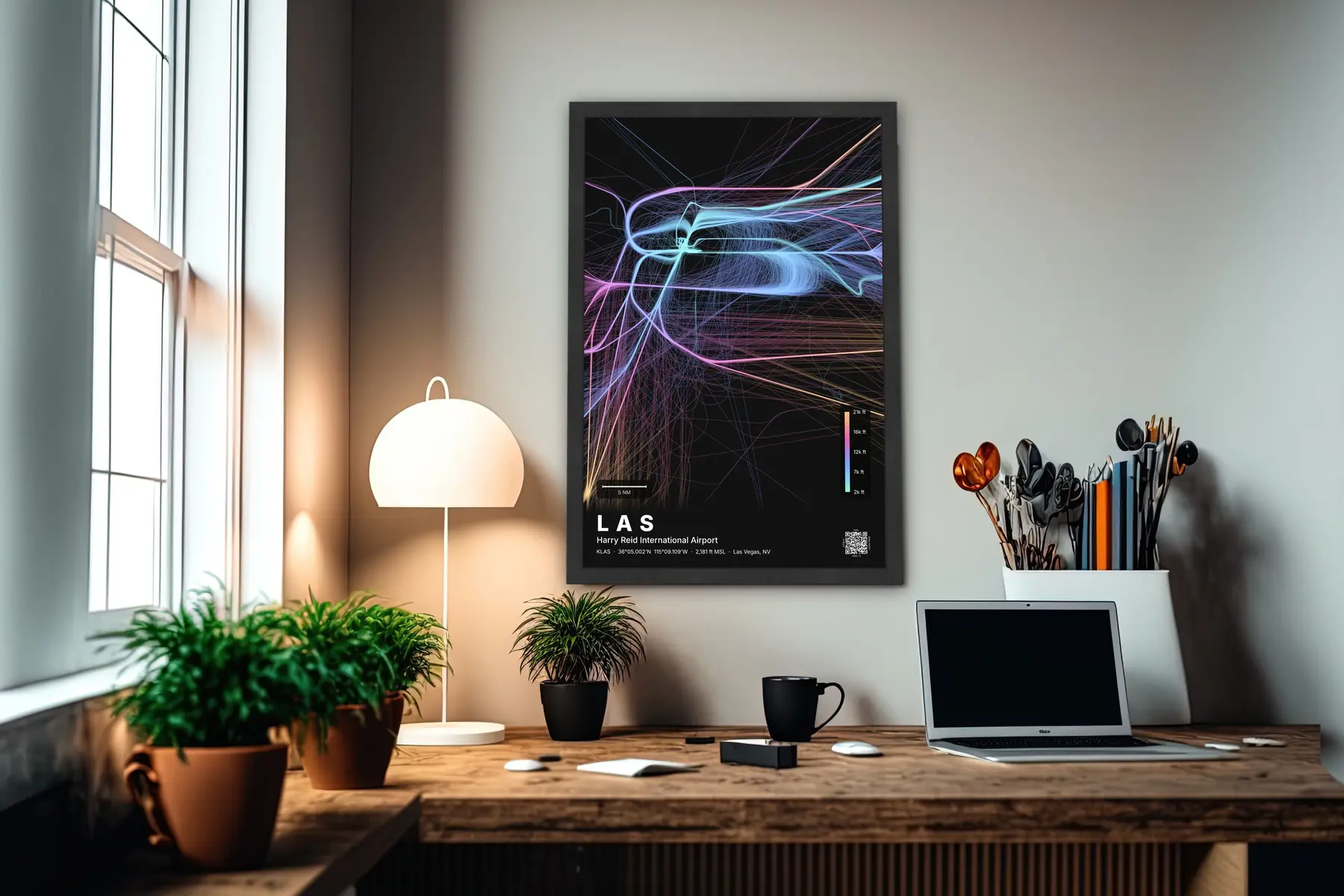 LAS flight path print — Aurora theme · Dark in office setting