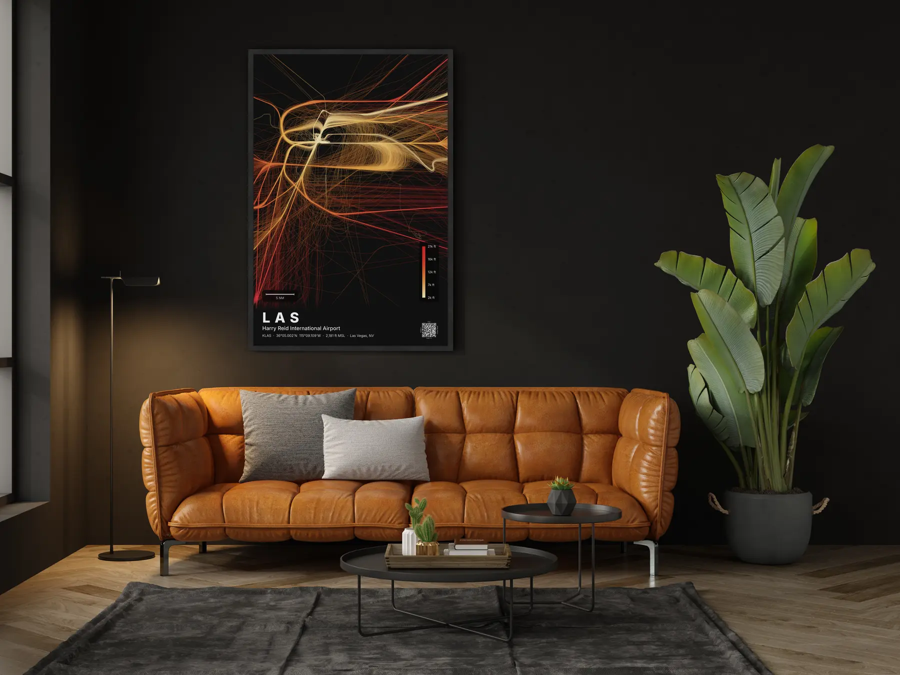 The LAS flight path map on a wall in a living room