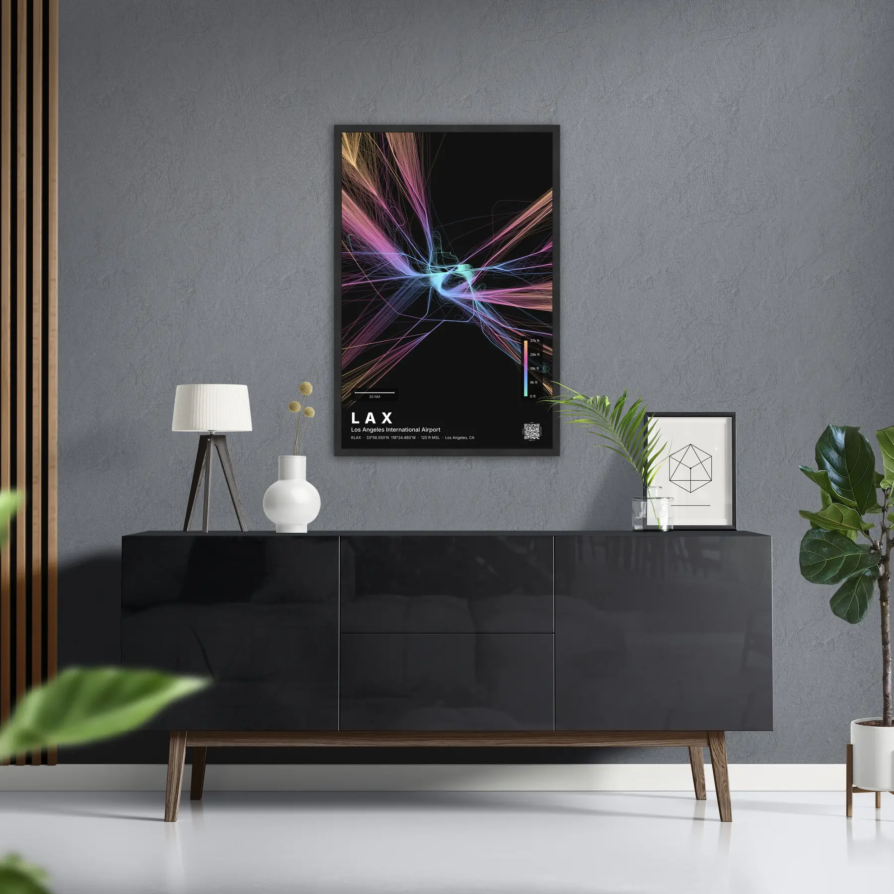 LAX flight path print — Aurora theme · Dark in foyer setting
