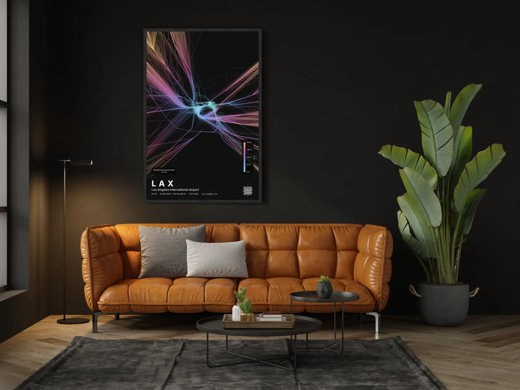 LAX flight path print — Aurora theme · Dark in living-room setting