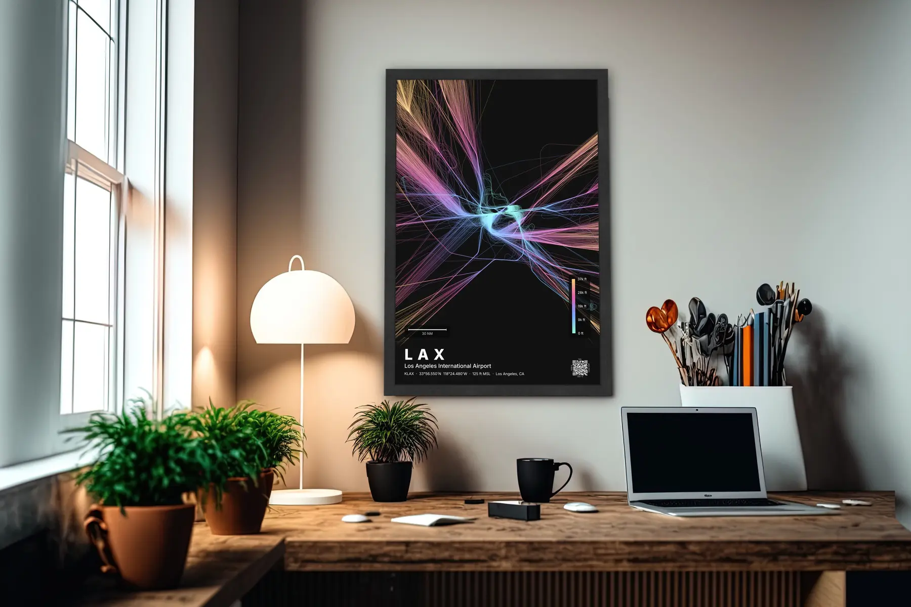 LAX flight path print — Aurora theme · Dark in office setting