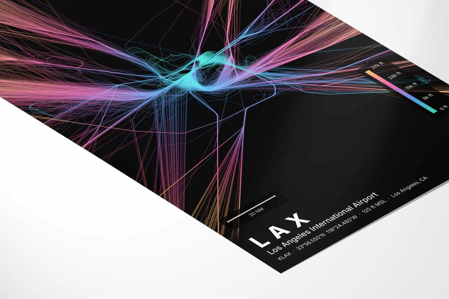 LAX flight path print — Aurora theme · Dark in corner-detail setting