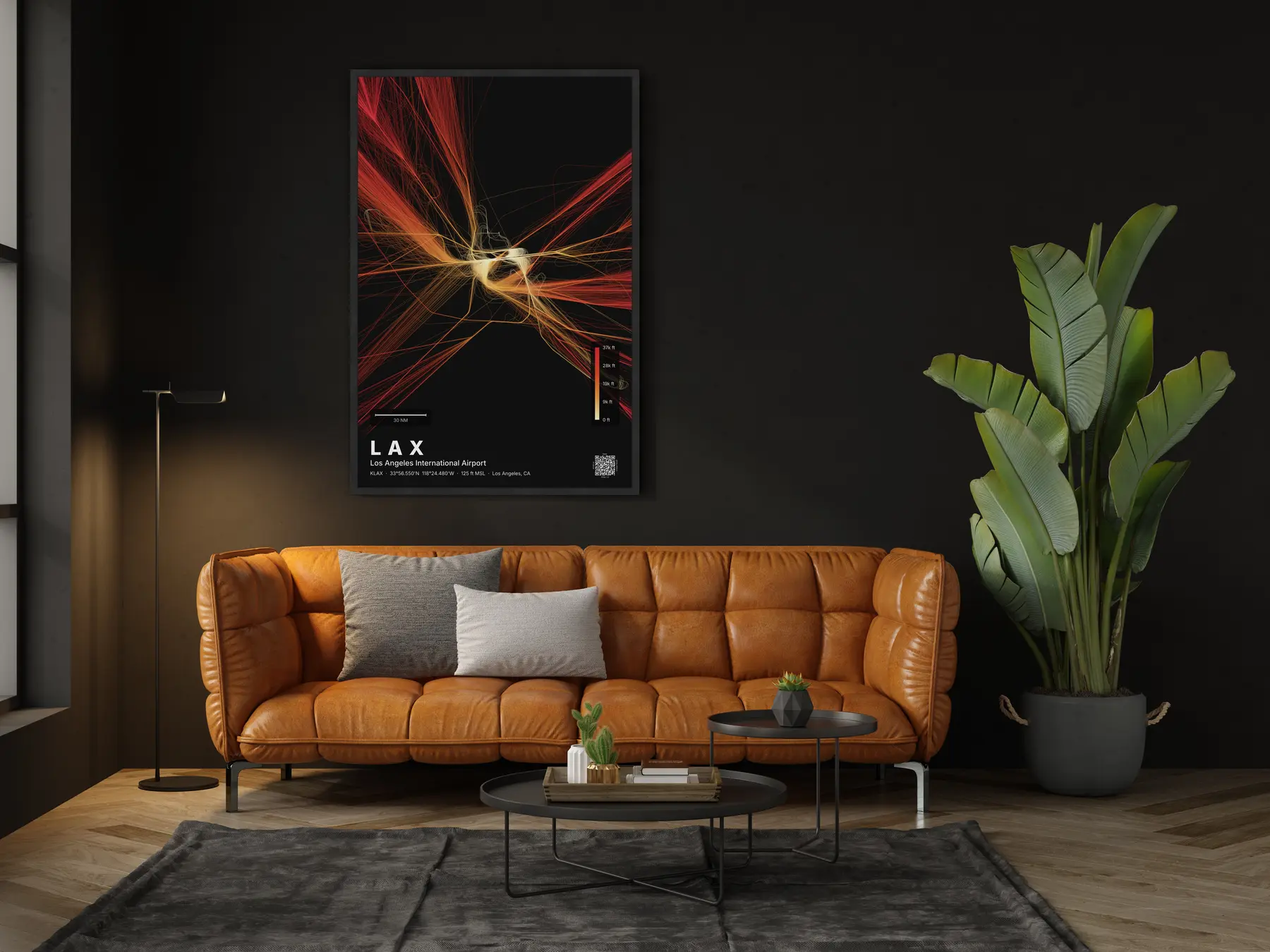 The LAX flight path map on a wall in a living room
