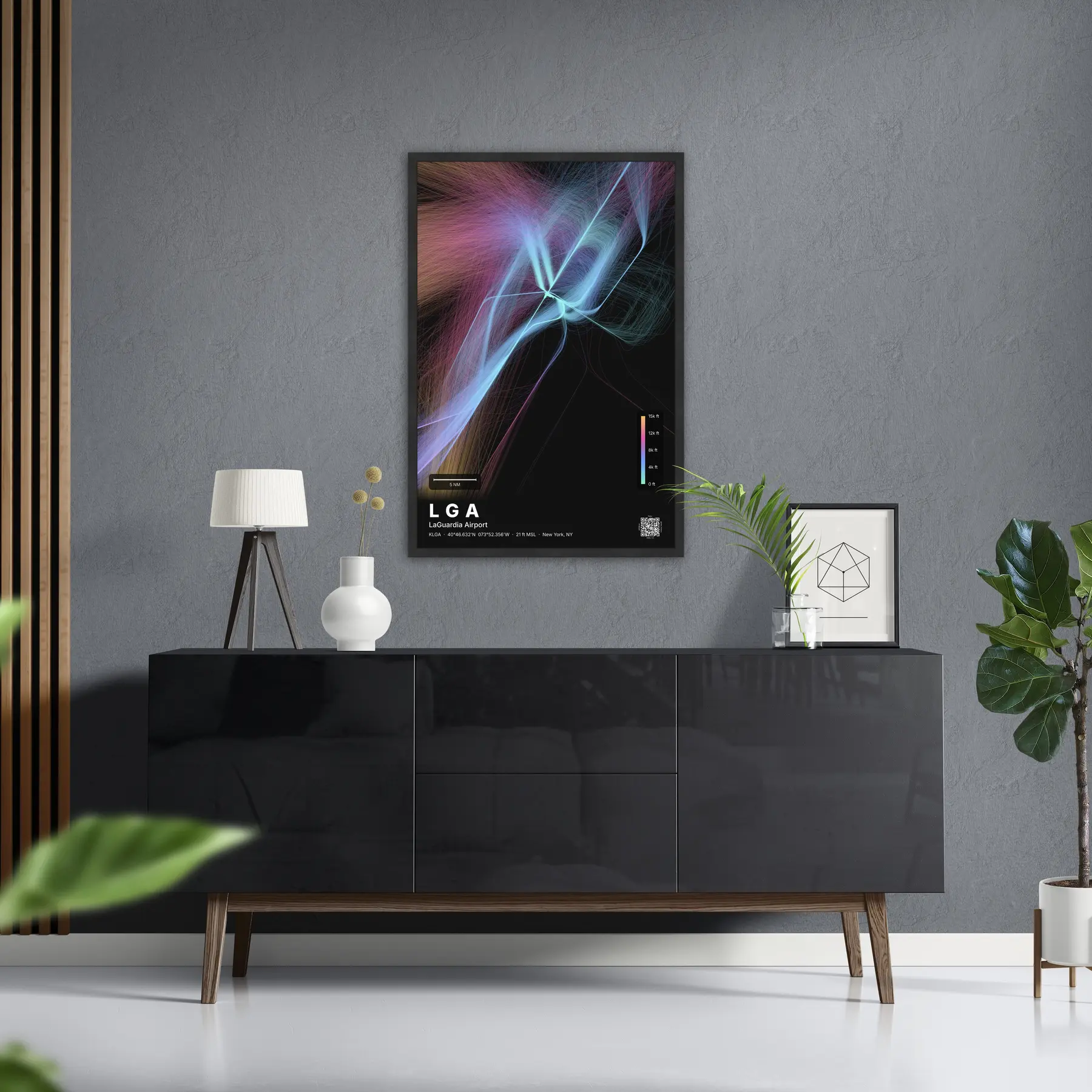 LGA flight path print — Aurora theme · Dark in foyer setting