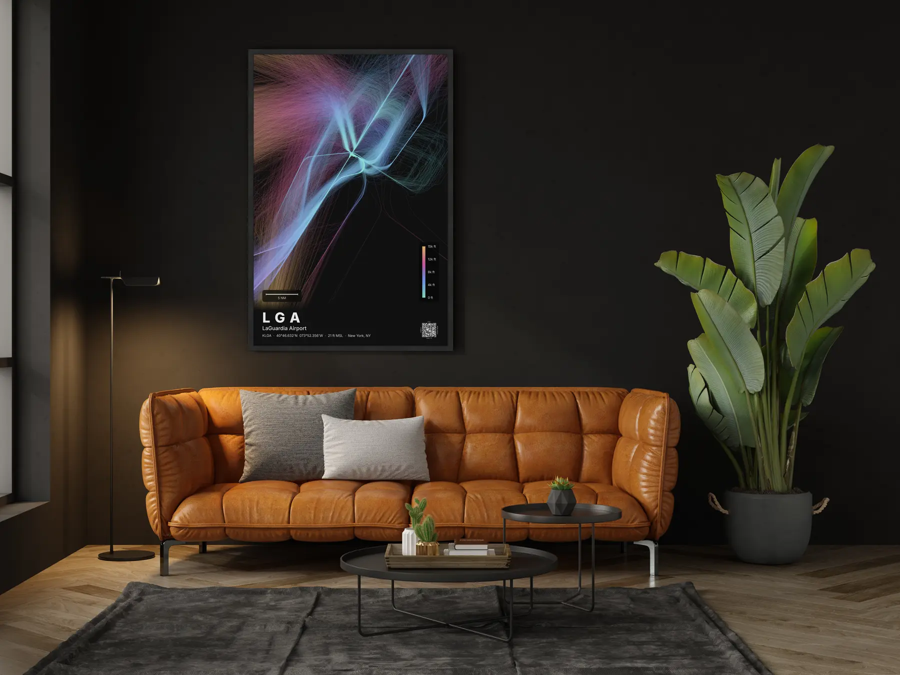 LGA flight path print — Aurora theme · Dark in living-room setting