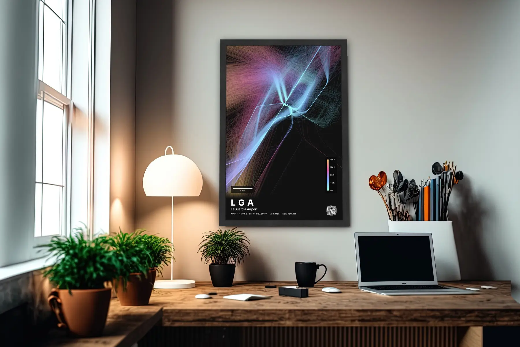LGA flight path print — Aurora theme · Dark in office setting
