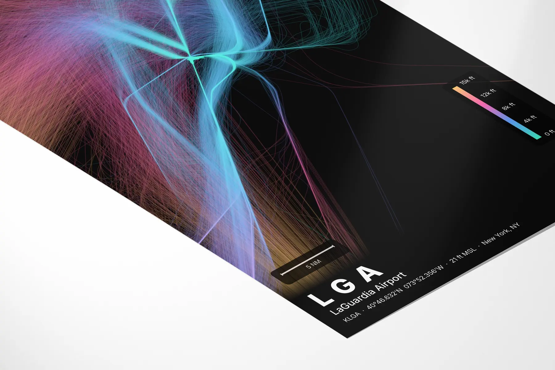 LGA flight path print — Aurora theme · Dark in corner-detail setting