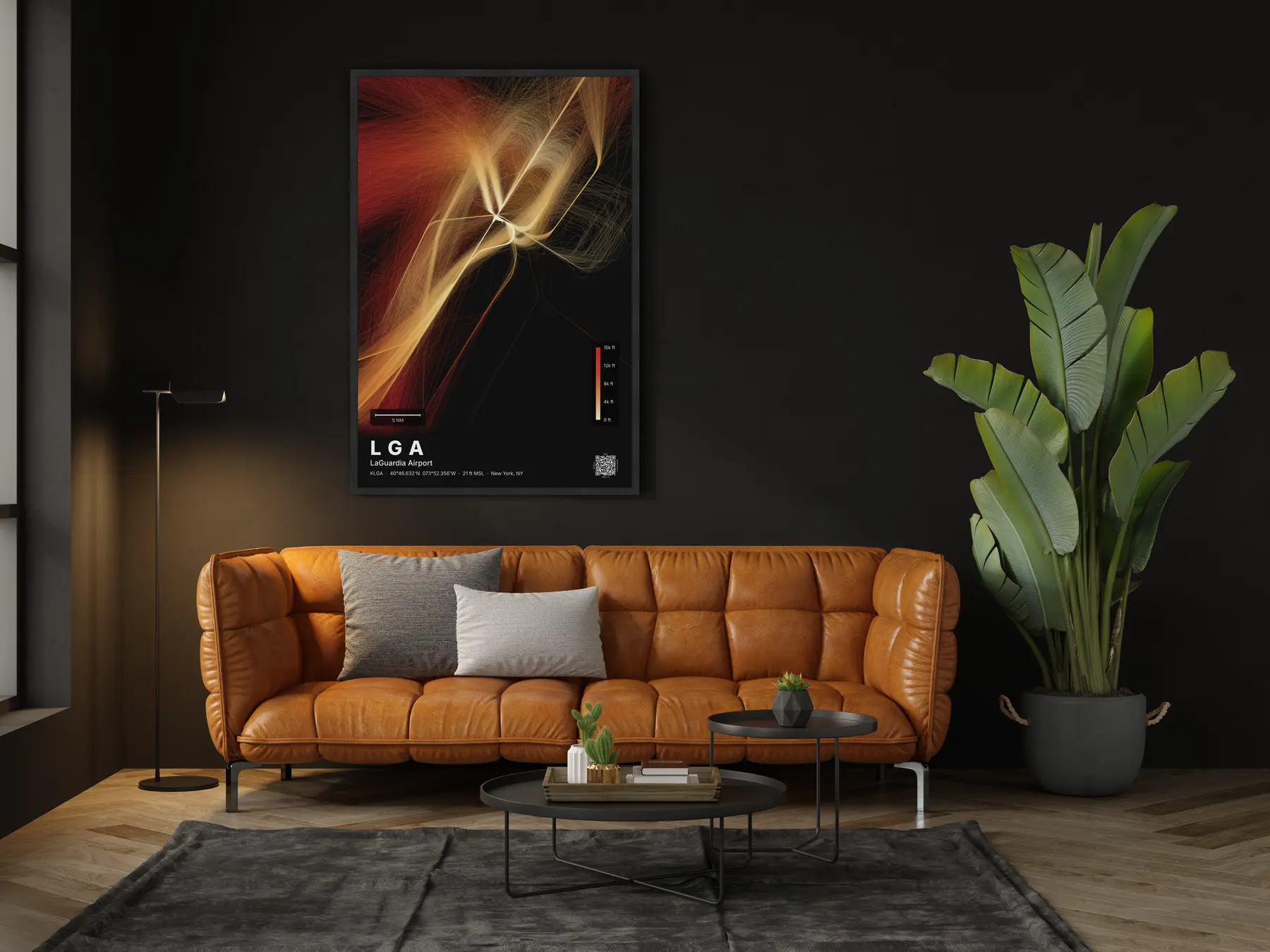 The LGA flight path map on a wall in a living room