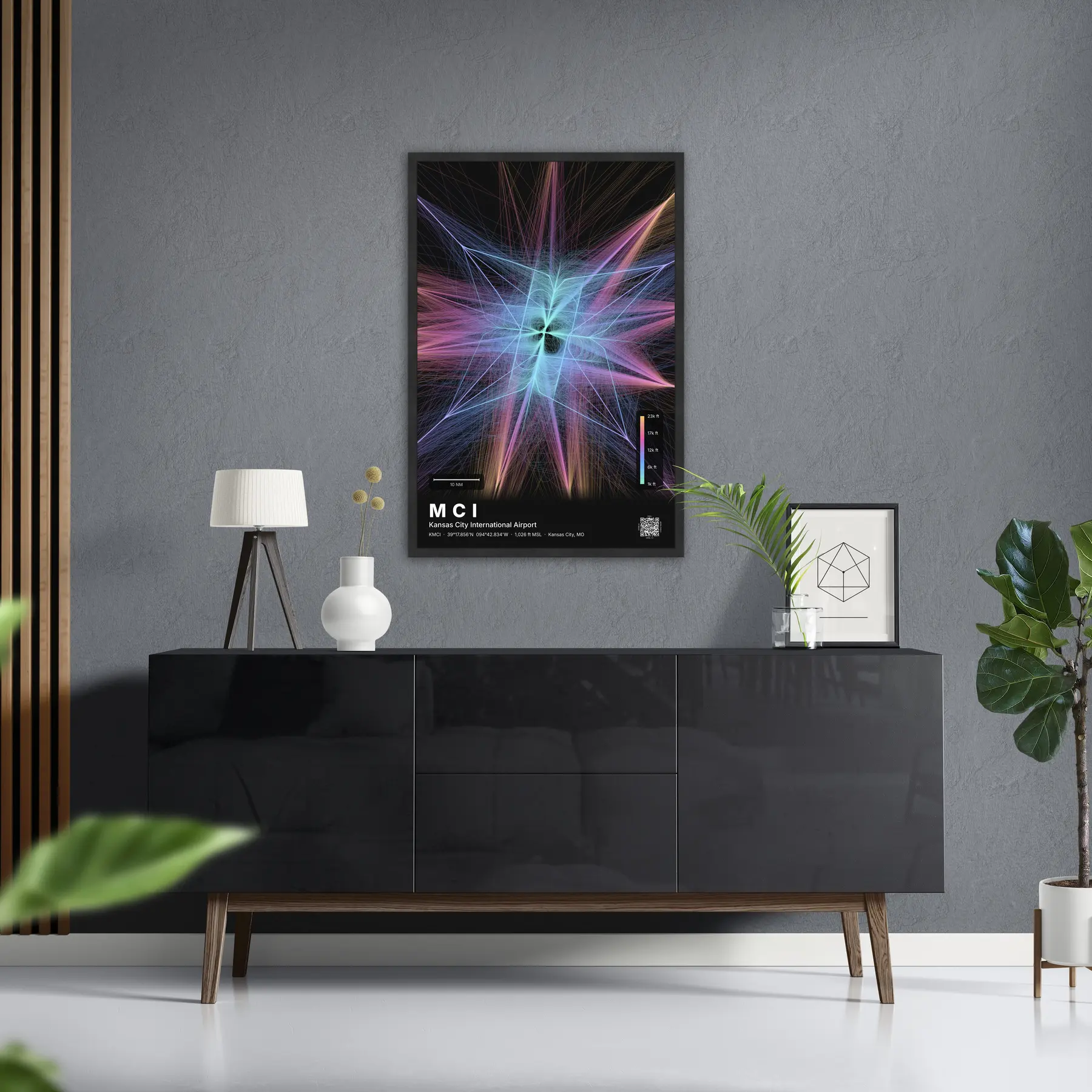 MCI flight path print — Aurora theme · Dark in foyer setting