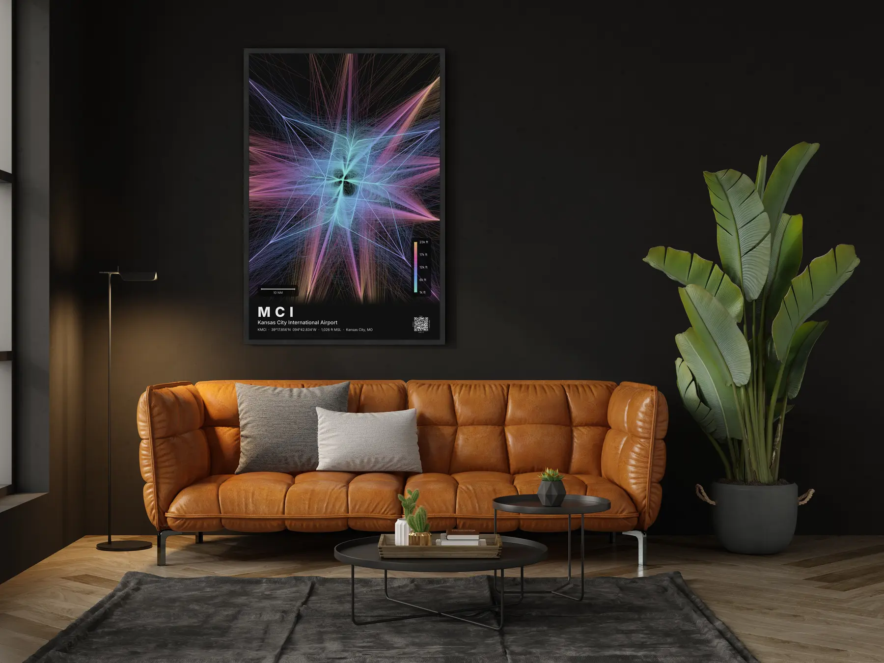 MCI flight path print — Aurora theme · Dark in living-room setting