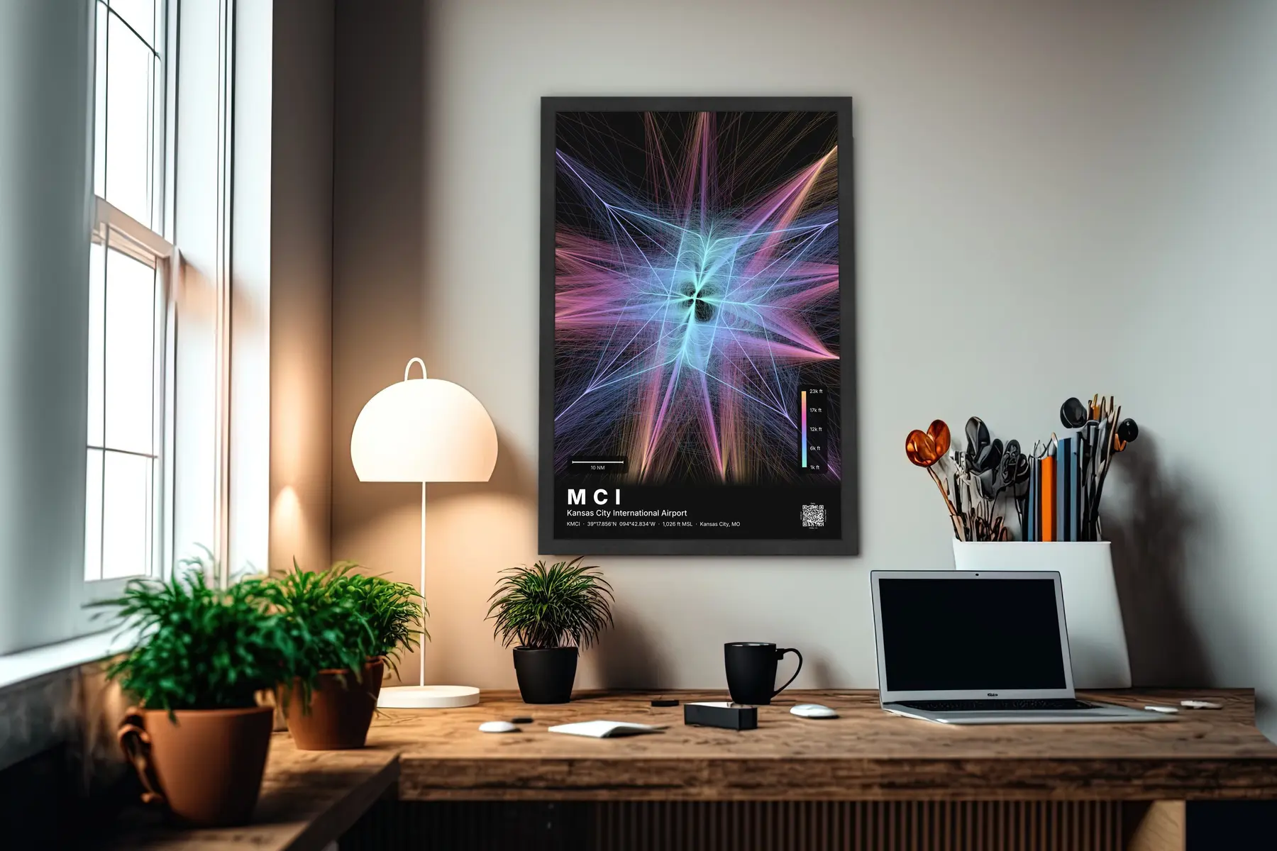 MCI flight path print — Aurora theme · Dark in office setting