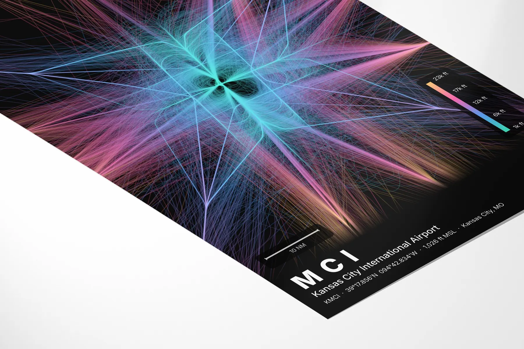 MCI flight path print — Aurora theme · Dark in corner-detail setting