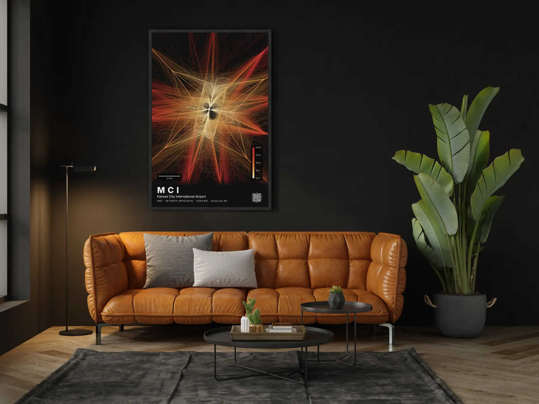 The MCI flight path map on a wall in a living room