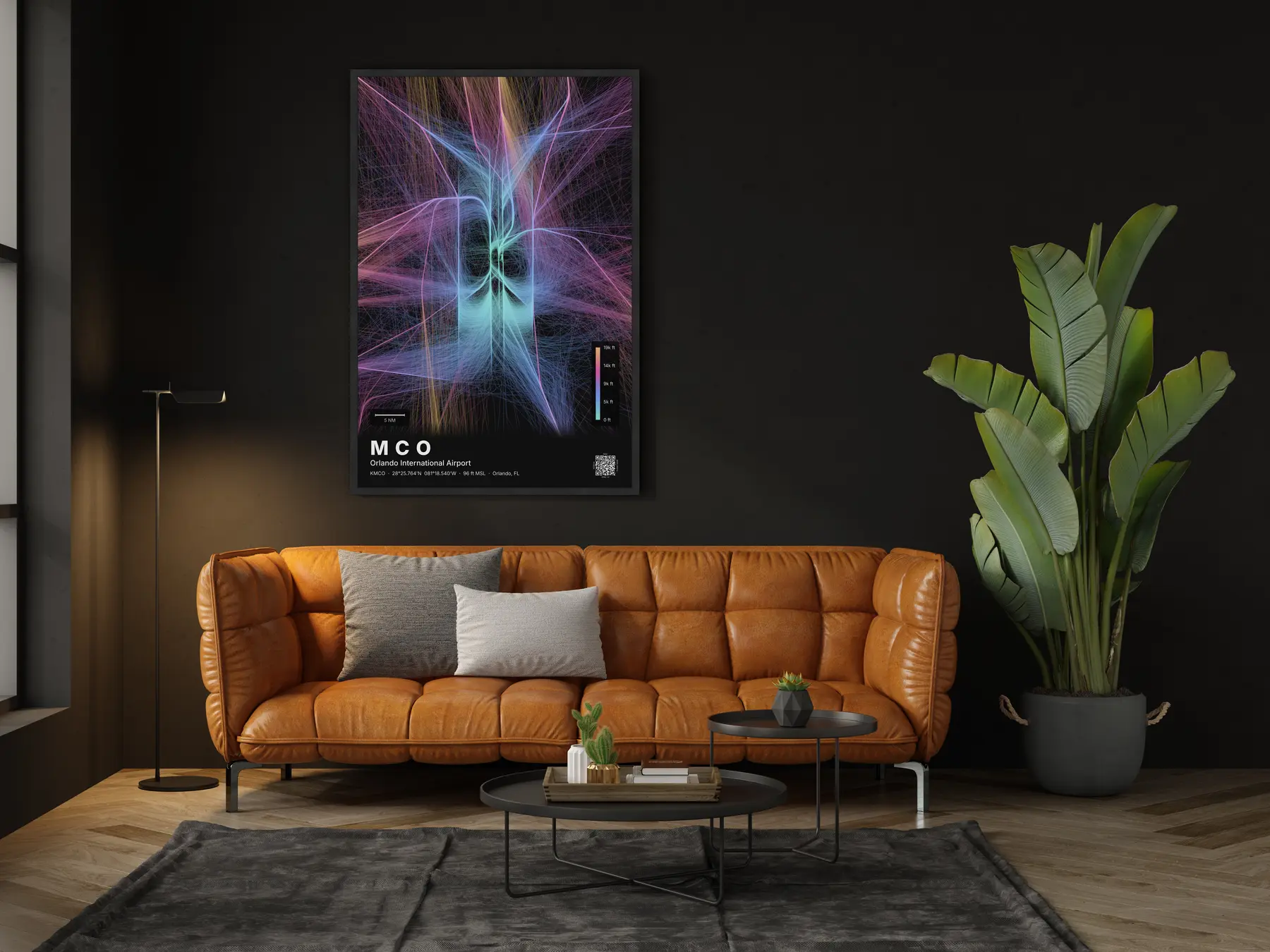 MCO flight path map — Aurora theme · Dark in living-room setting