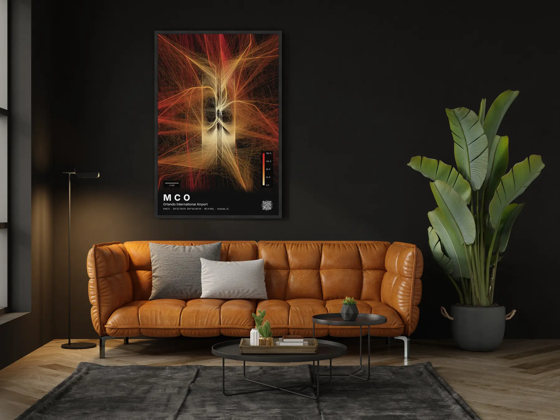 The MCO flight path map on a wall in a living room