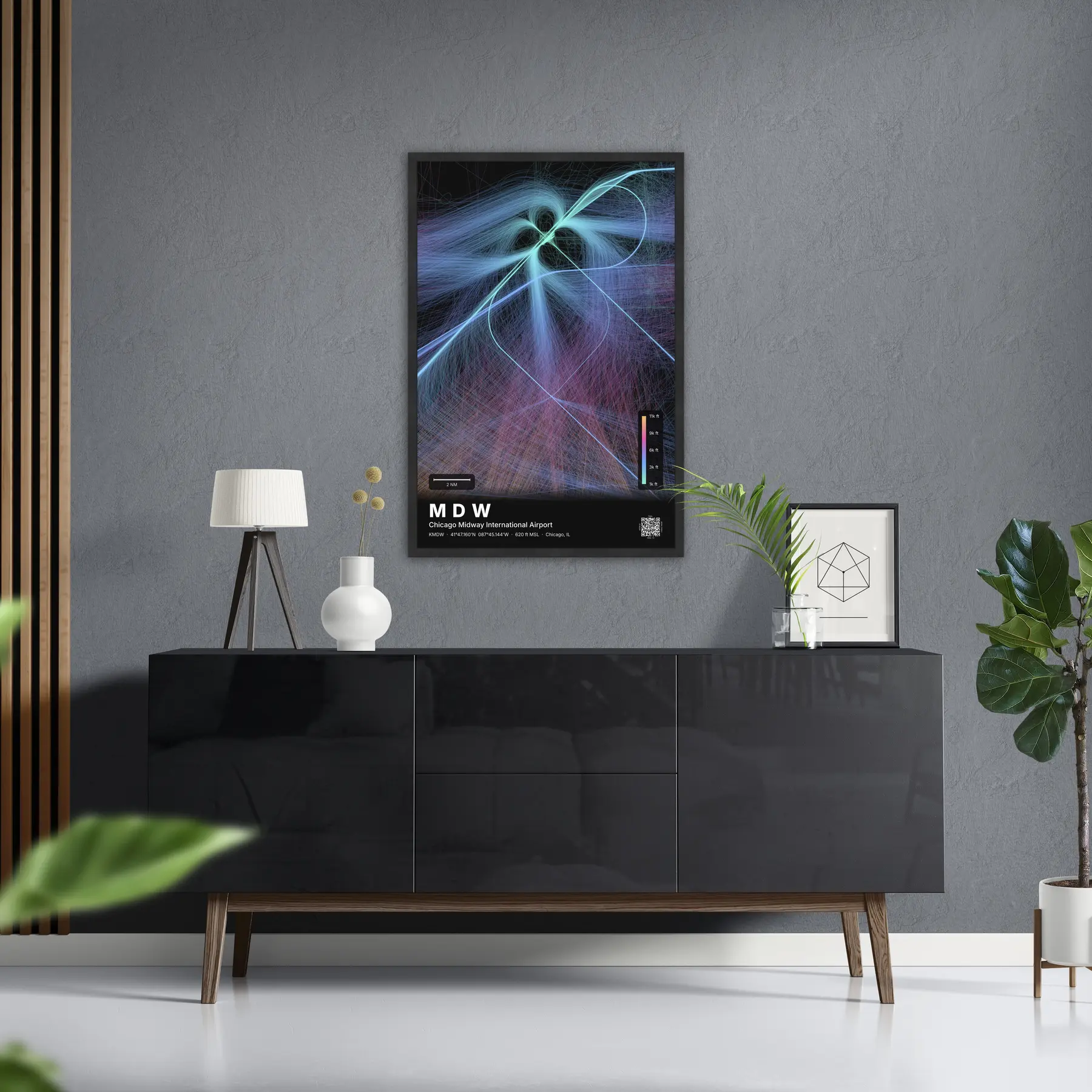 MDW flight path print — Aurora theme · Dark in foyer setting