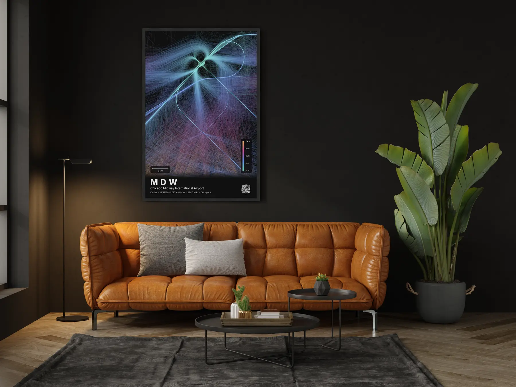 MDW flight path print — Aurora theme · Dark in living-room setting