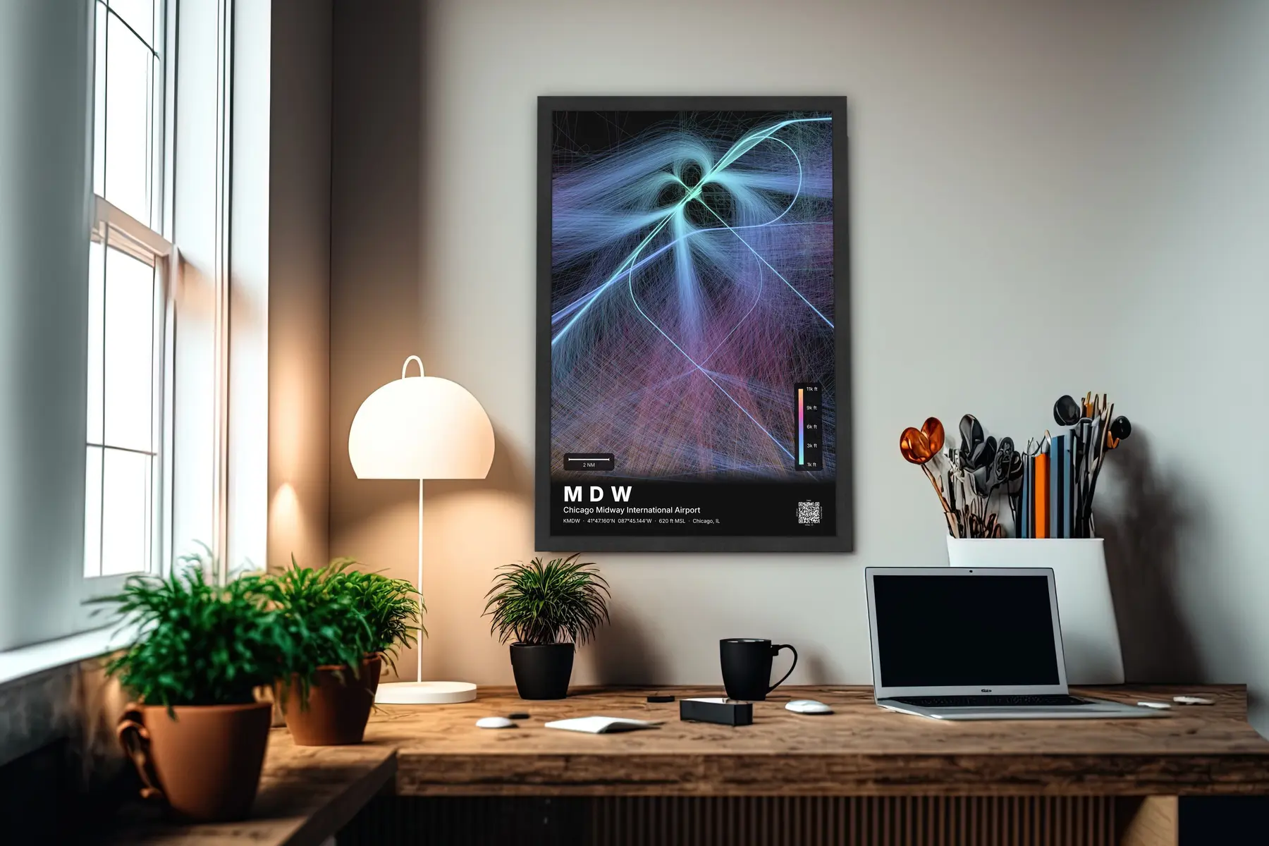 MDW flight path print — Aurora theme · Dark in office setting