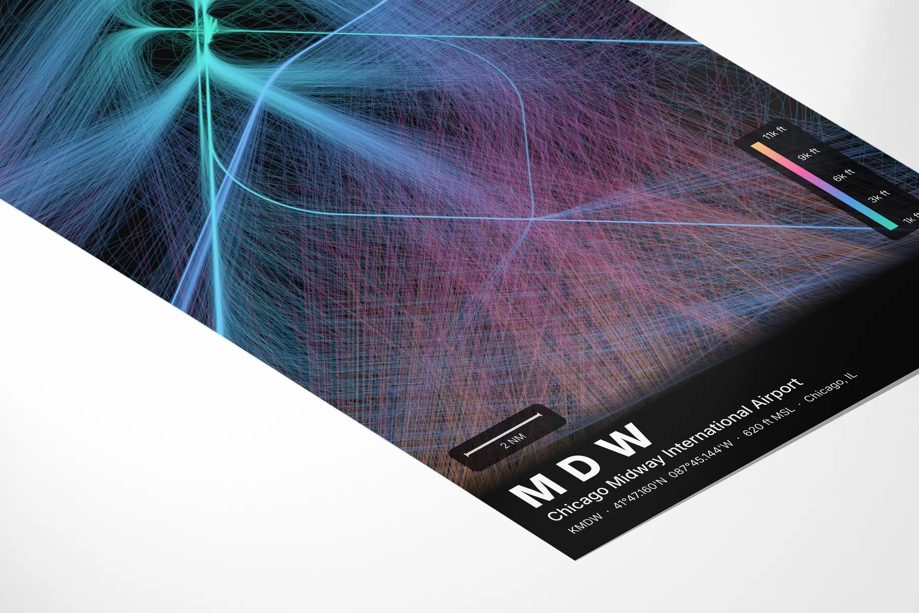 MDW flight path print — Aurora theme · Dark in corner-detail setting