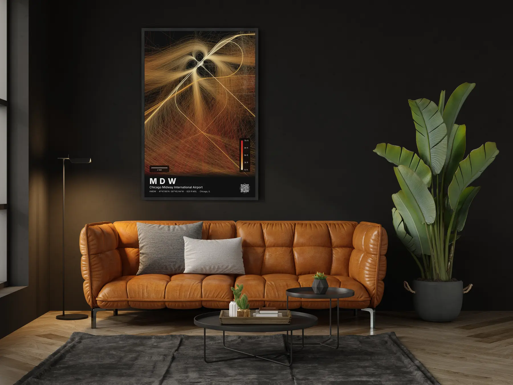 The MDW flight path map on a wall in a living room