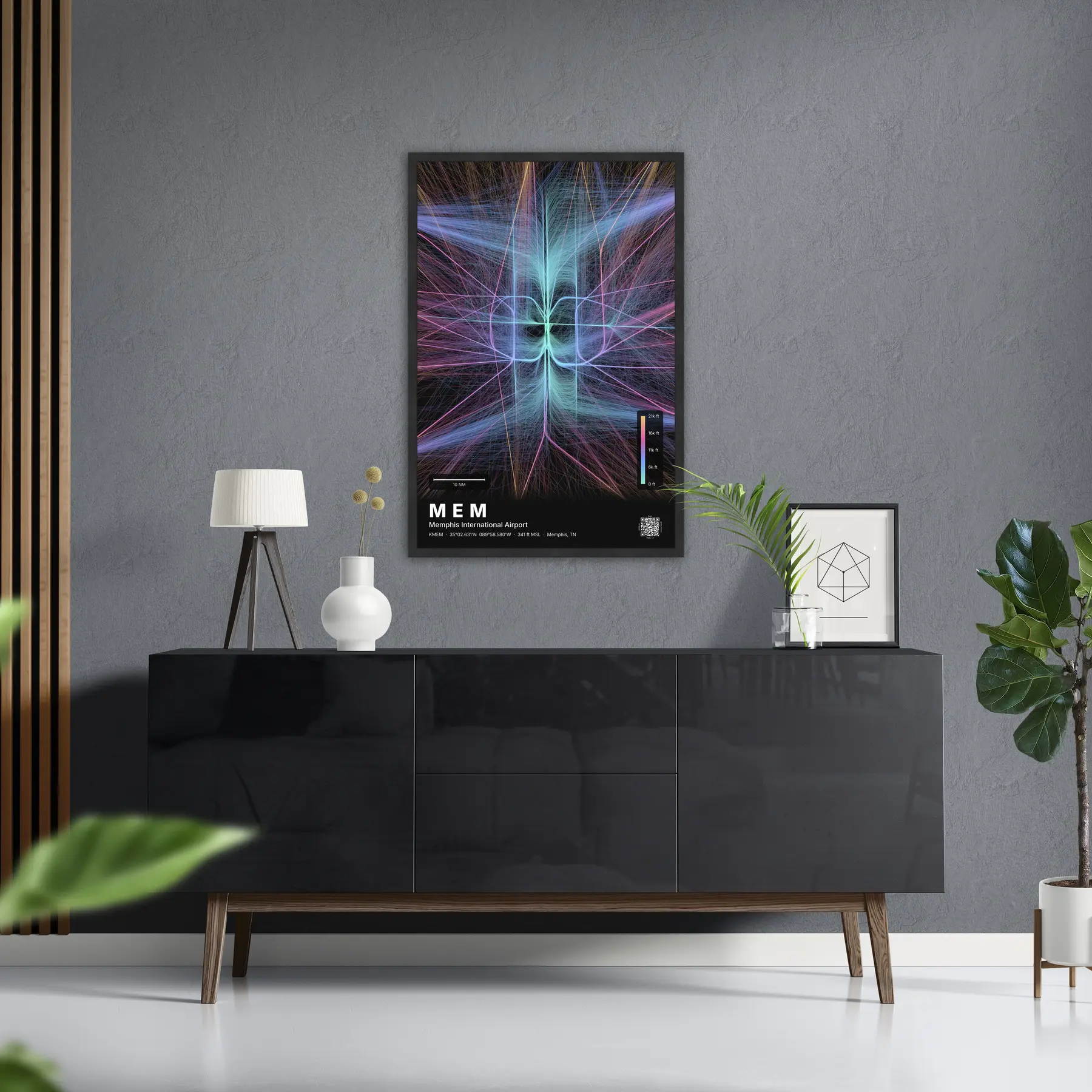 MEM flight path print — Aurora theme · Dark in foyer setting