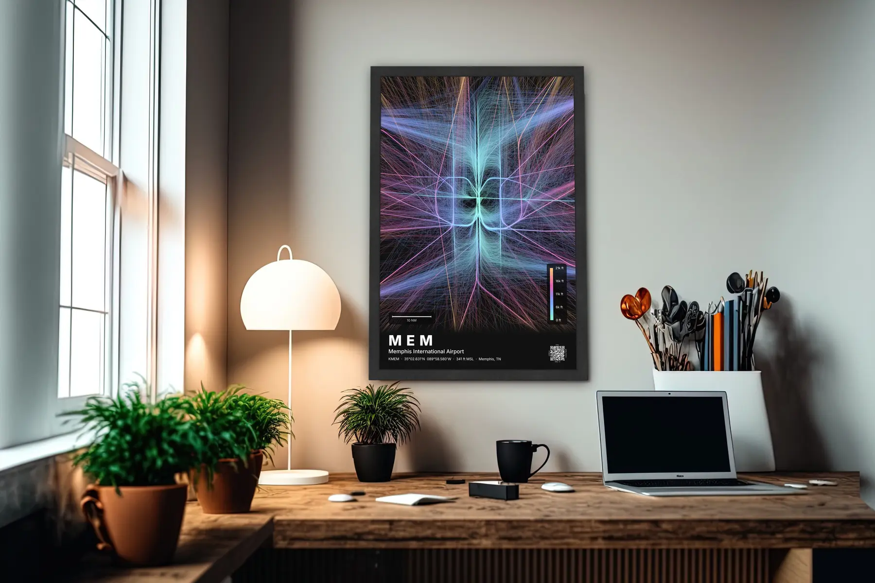 MEM flight path print — Aurora theme · Dark in office setting