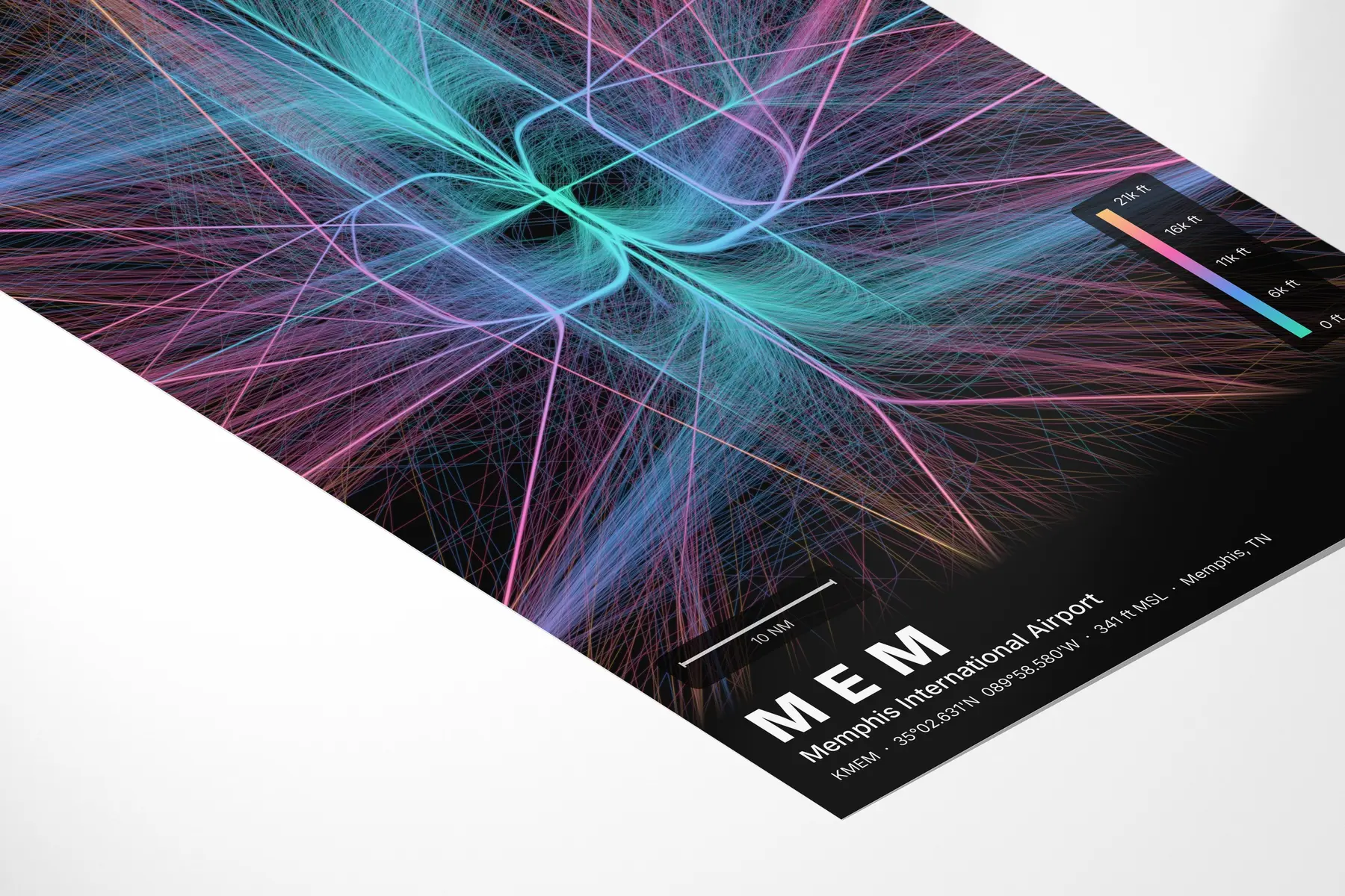 MEM flight path print — Aurora theme · Dark in corner-detail setting