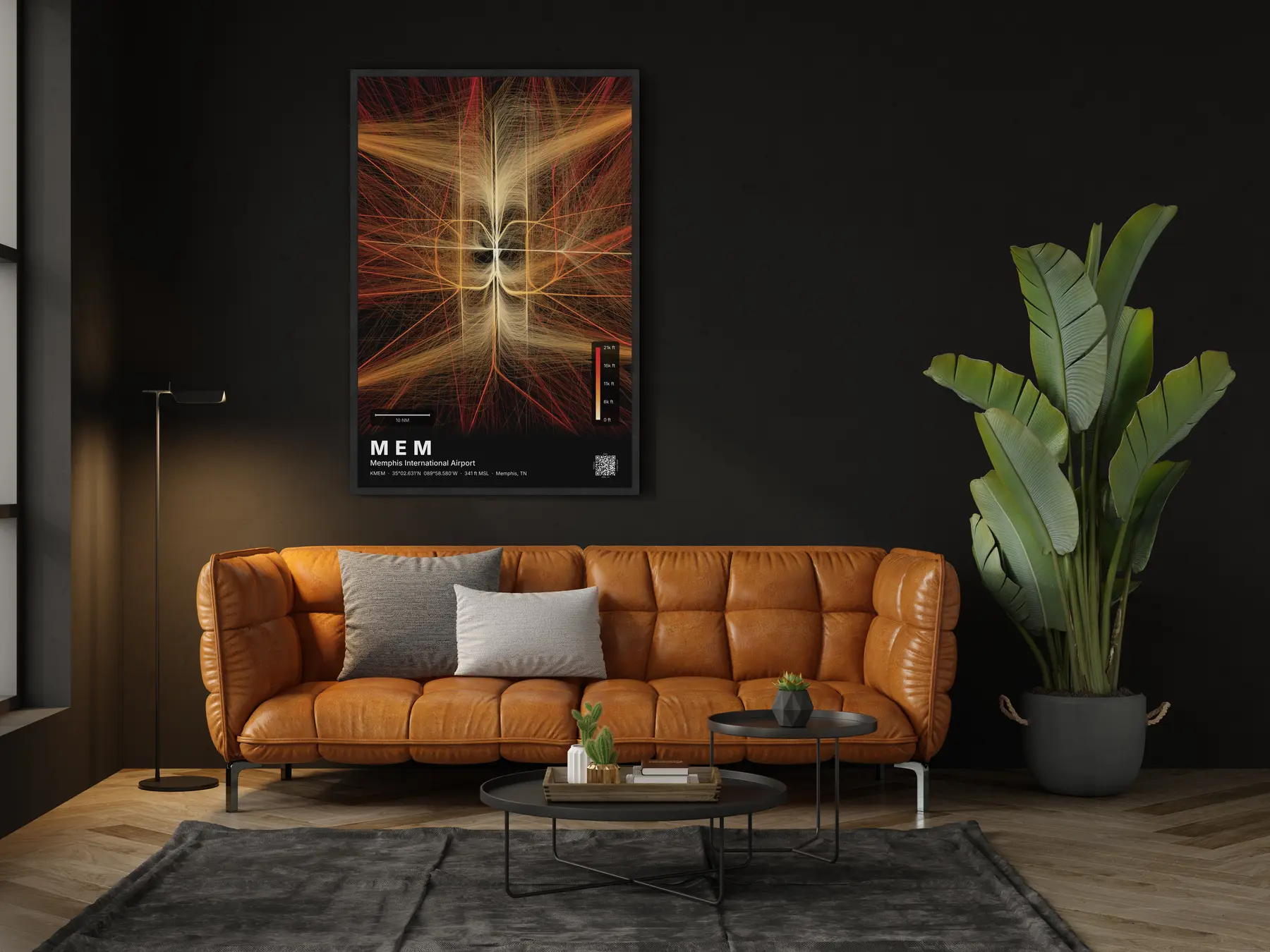 The MEM flight path map on a wall in a living room