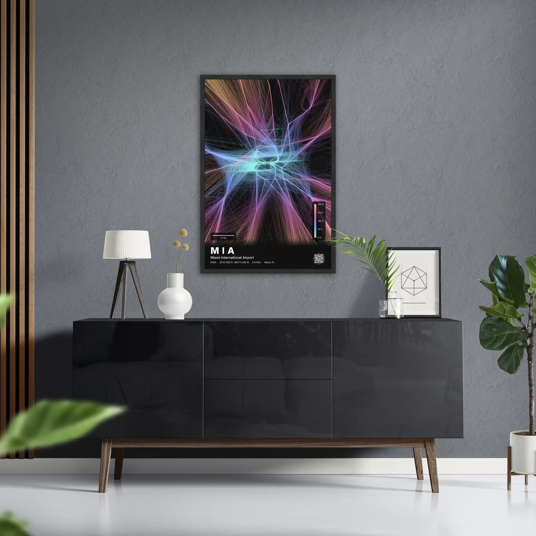 MIA flight path print — Aurora theme · Dark in foyer setting