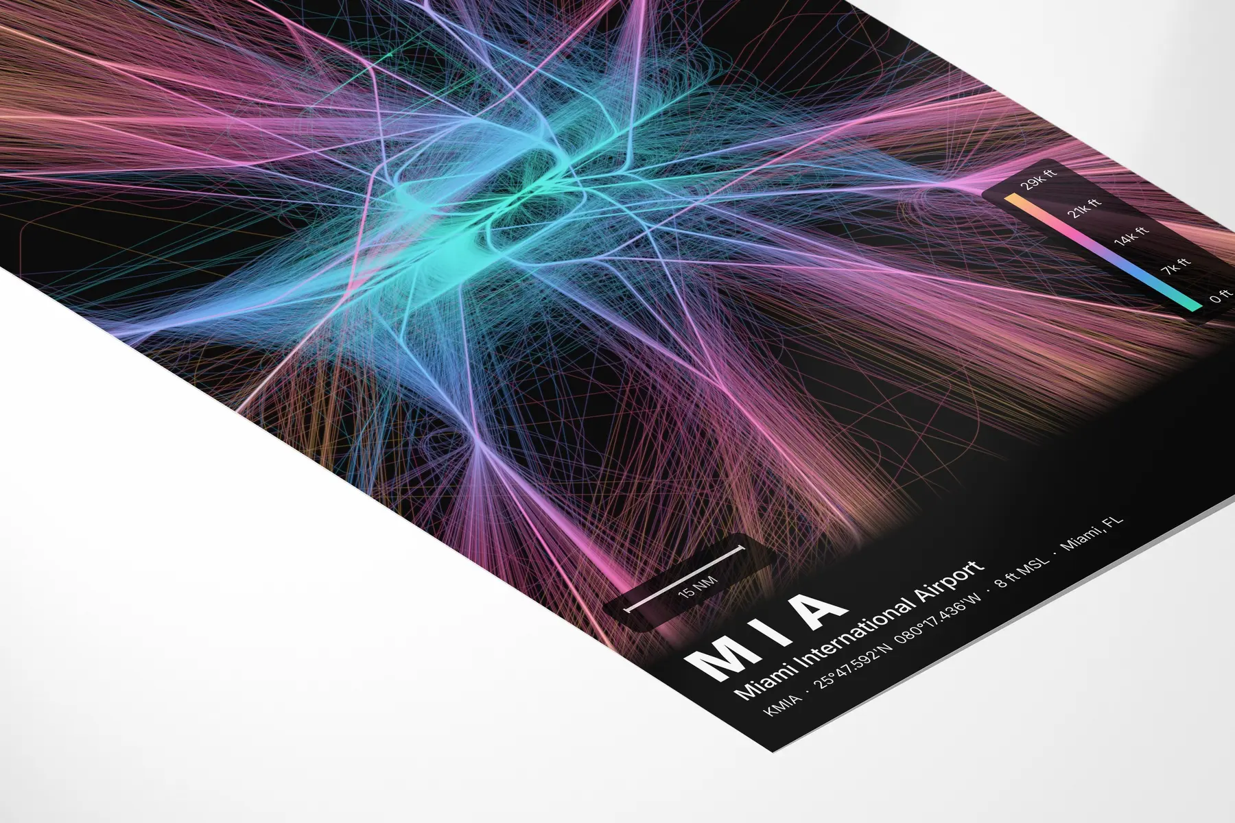 MIA flight path print — Aurora theme · Dark in corner-detail setting