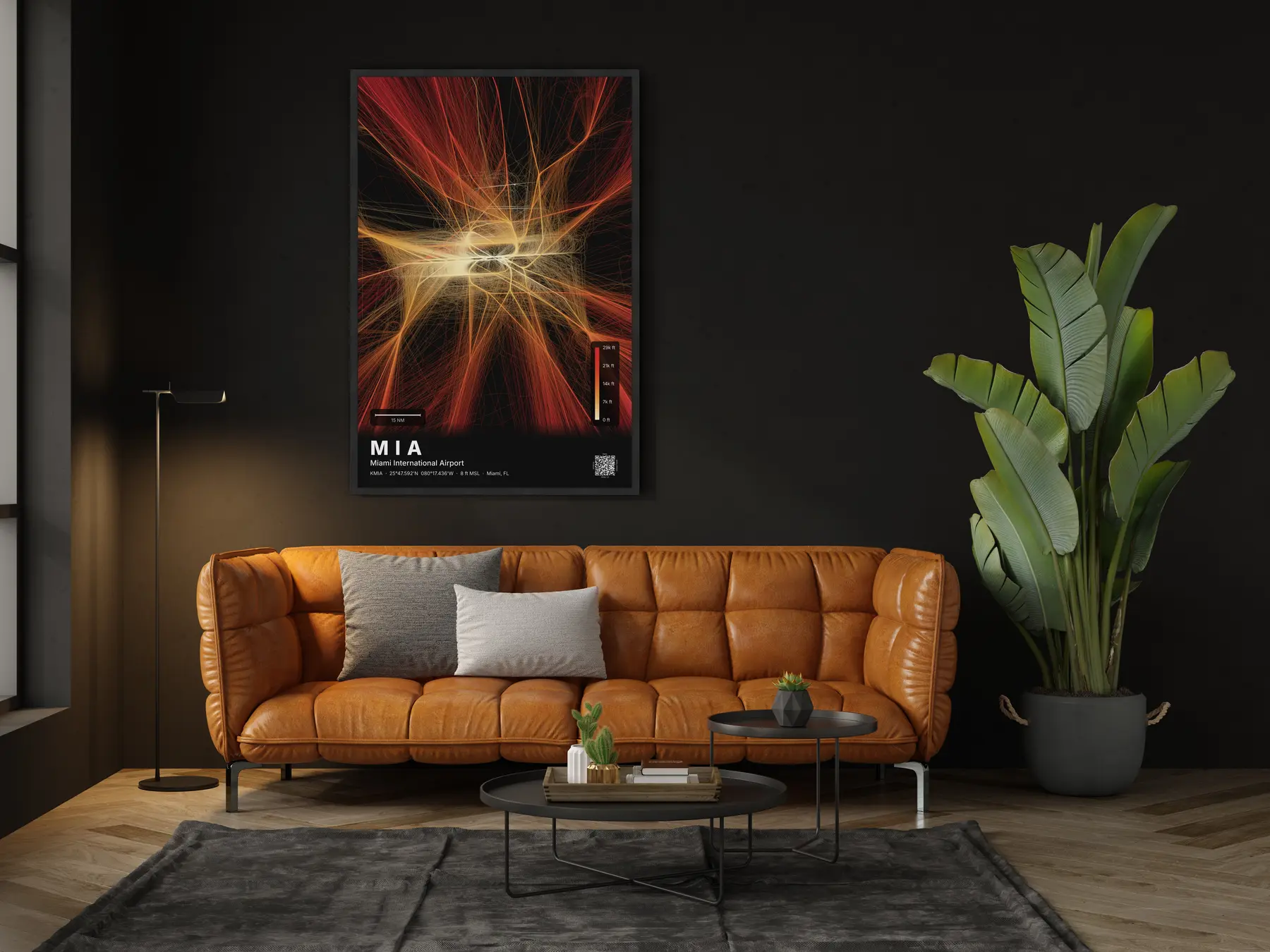 The MIA flight path map on a wall in a living room