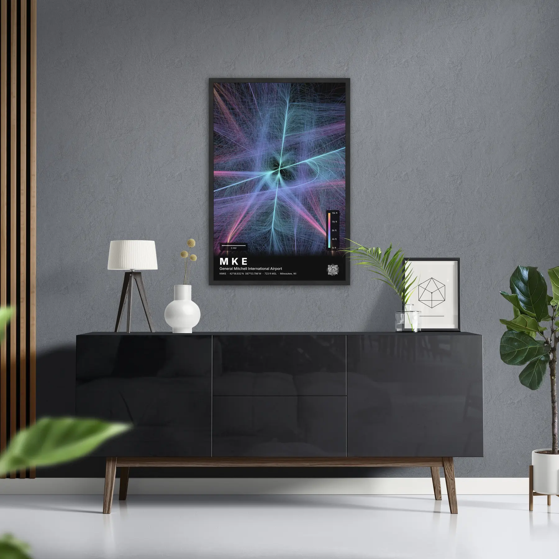 MKE flight path print — Aurora theme · Dark in foyer setting