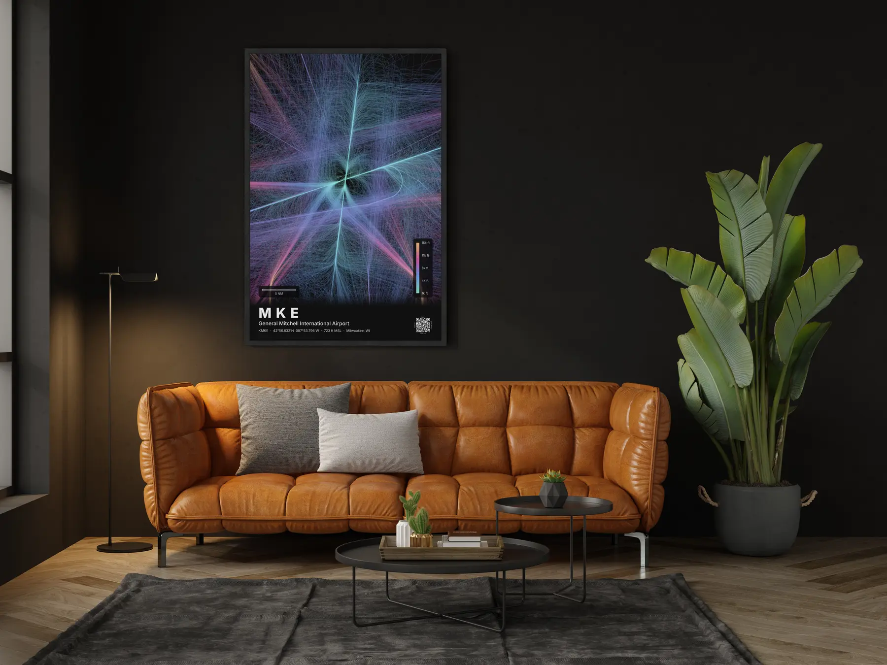 MKE flight path print — Aurora theme · Dark in living-room setting