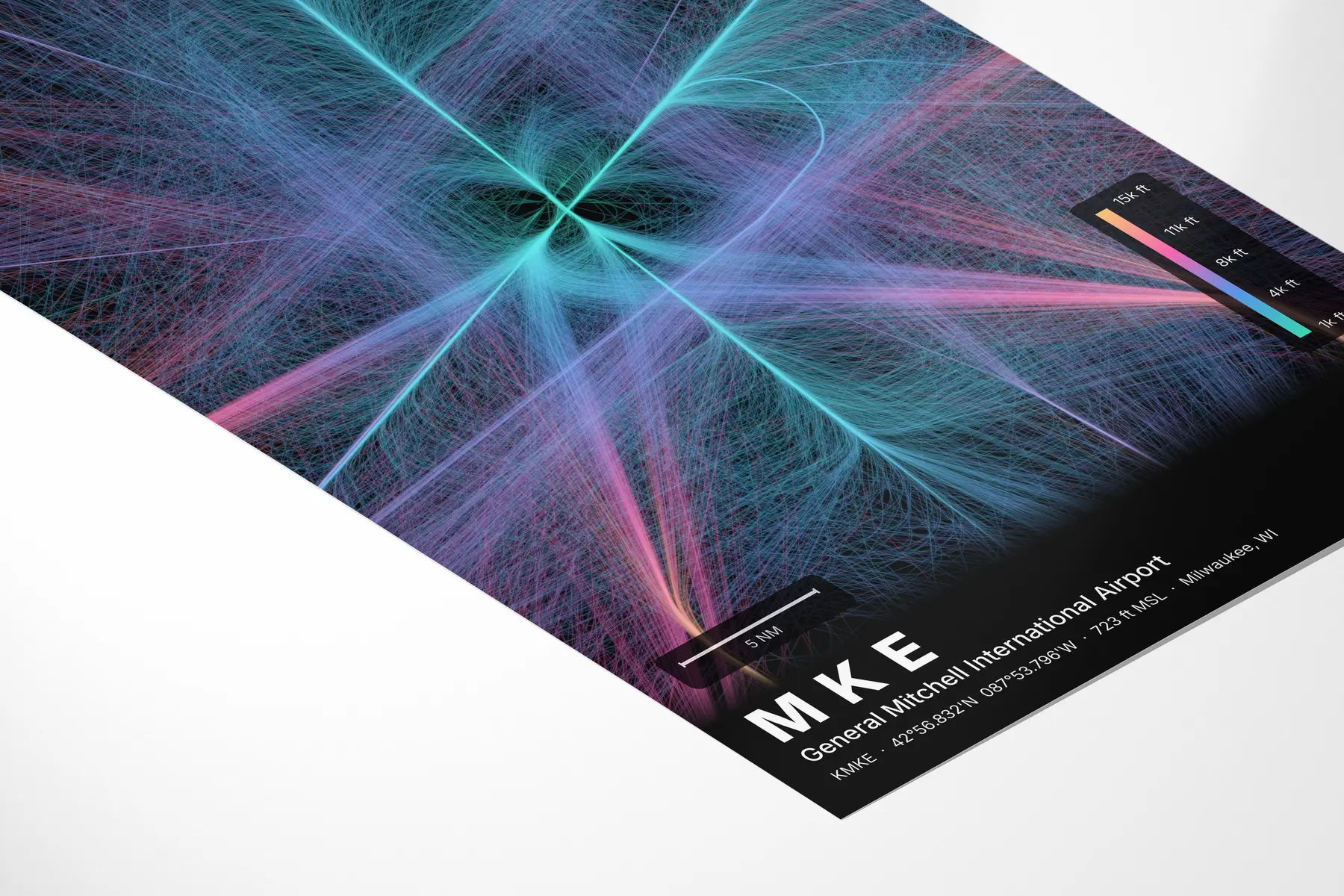 MKE flight path print — Aurora theme · Dark in corner-detail setting