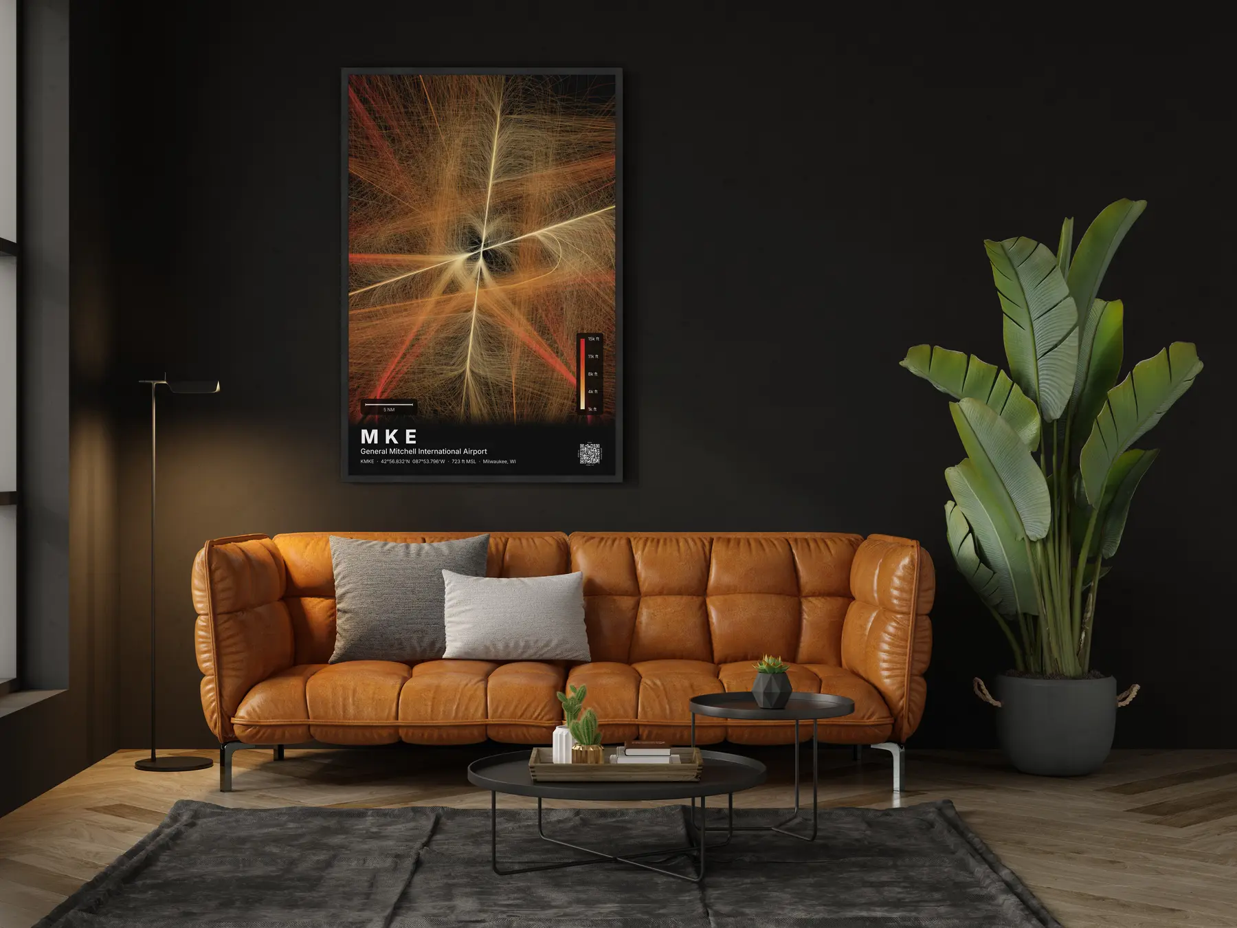 The MKE flight path map on a wall in a living room