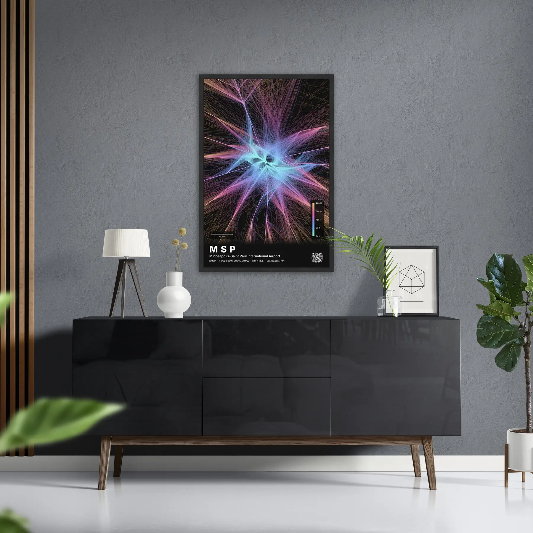 MSP flight path print — Aurora theme · Dark in foyer setting