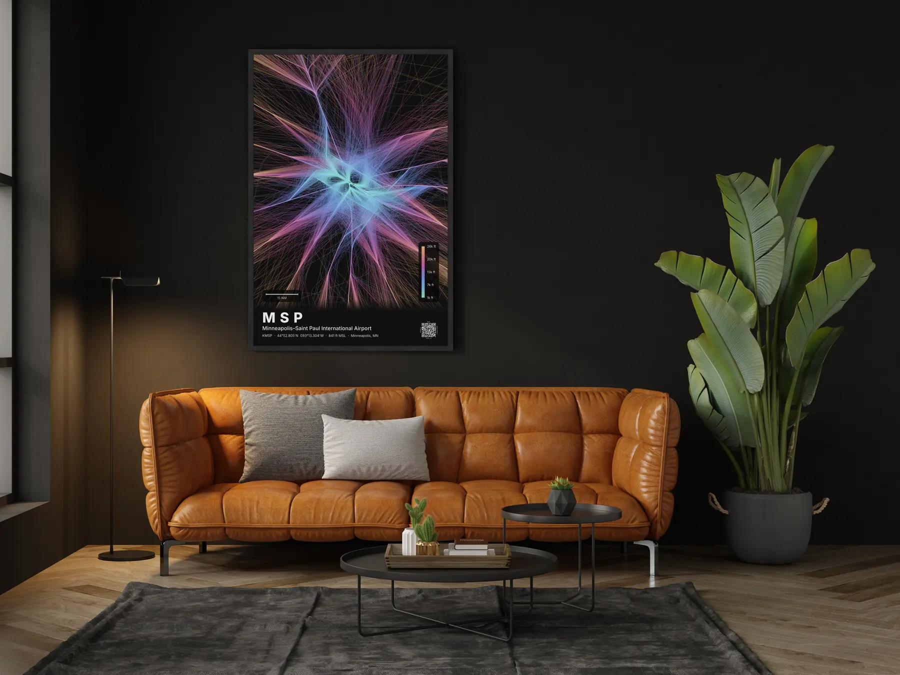 MSP flight path print — Aurora theme · Dark in living-room setting