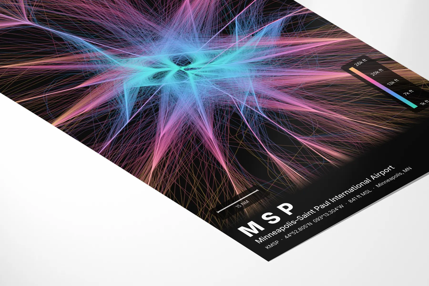 MSP flight path print — Aurora theme · Dark in corner-detail setting
