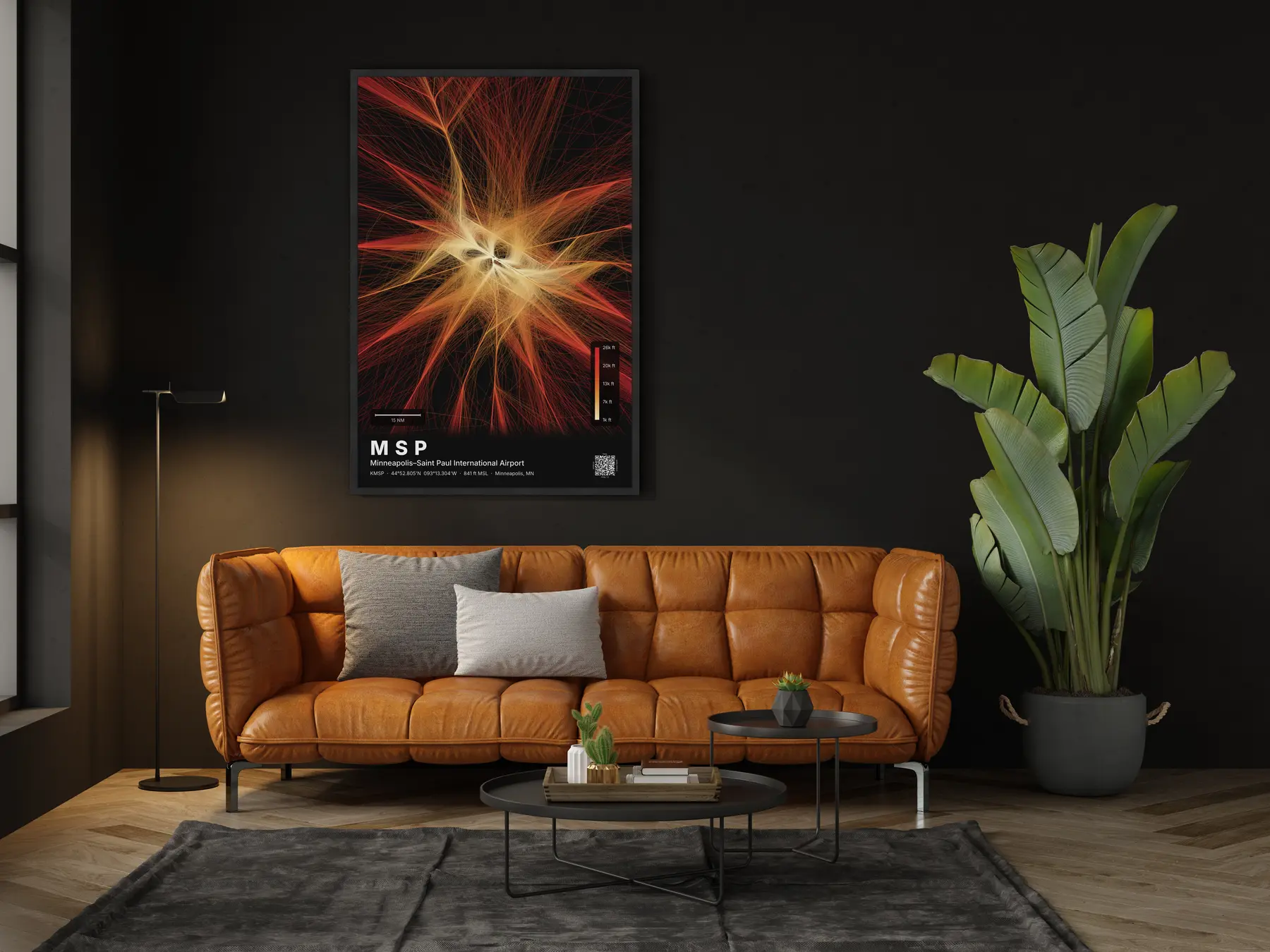 The MSP flight path map on a wall in a living room