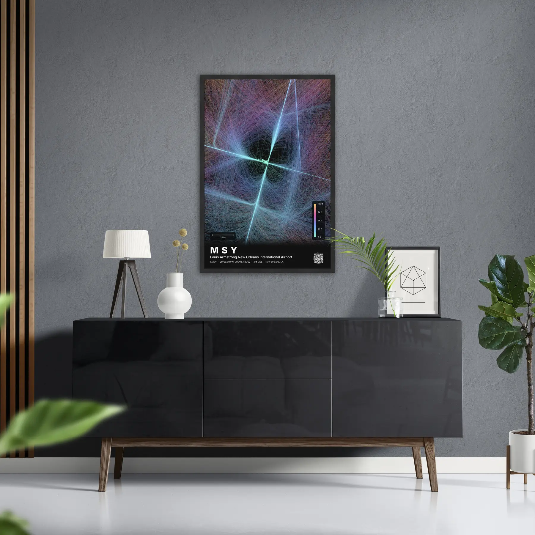 MSY flight path print — Aurora theme · Dark in foyer setting