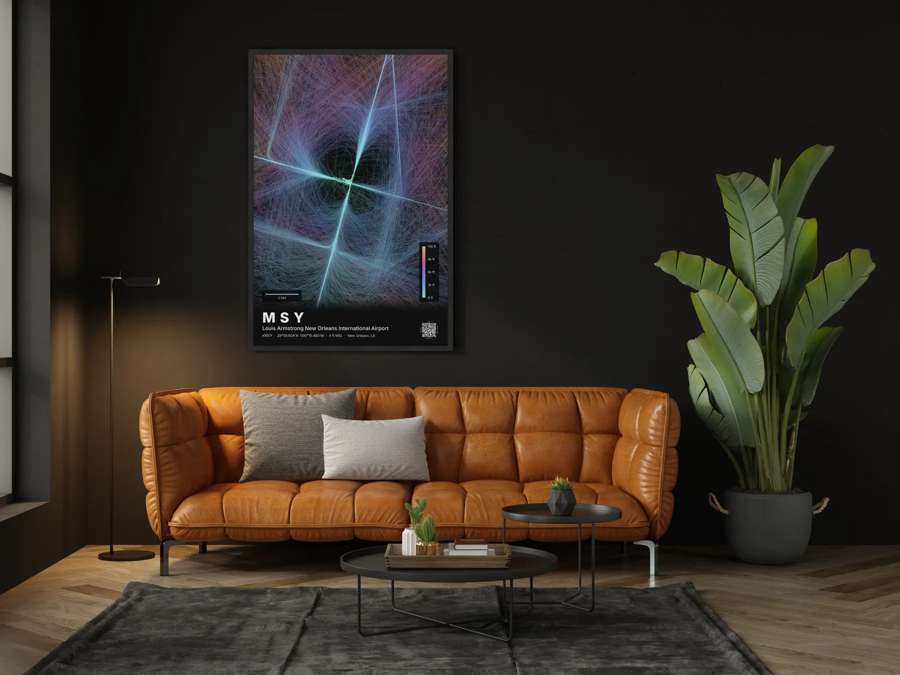 MSY flight path print — Aurora theme · Dark in living-room setting