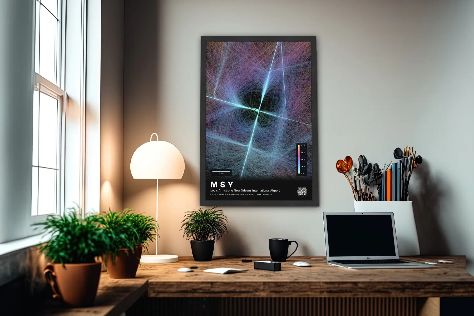 MSY flight path print — Aurora theme · Dark in office setting